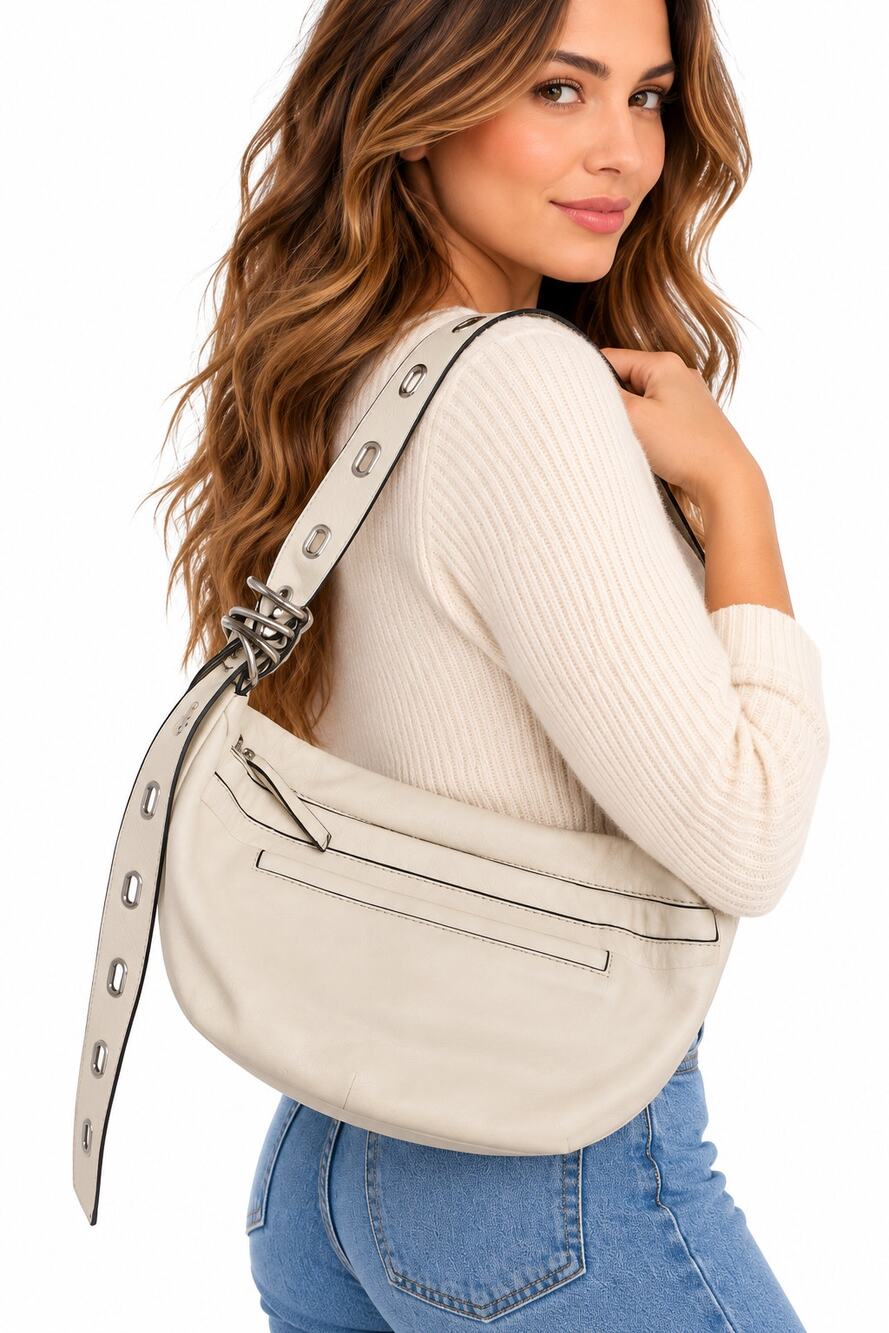 Rag & Bone Ivory Leather Hobo Shoulder Bag Grommet Strap